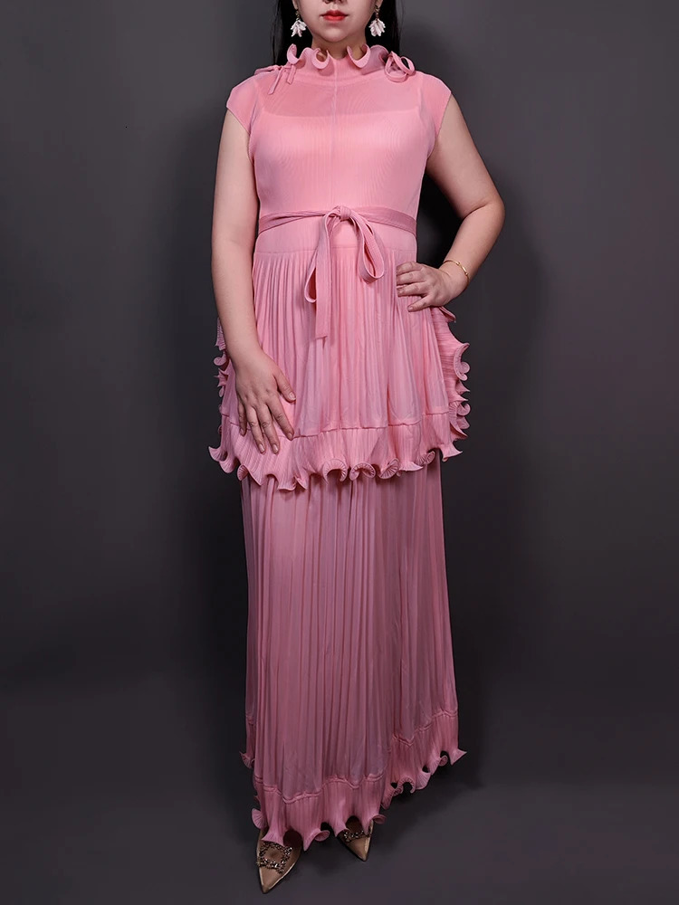 Lanmrem fashion pleated womens multi colored pleated edge splicing belt gathered waist dress elegant 2025 32C2089 250103