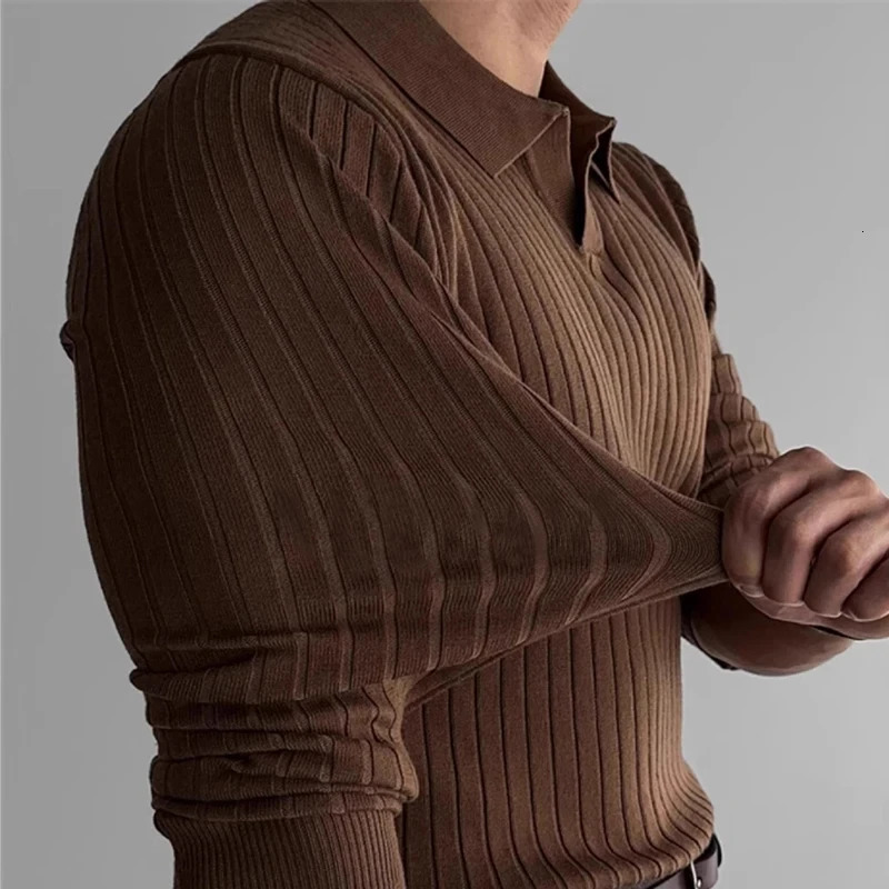 Autumn Mens Light turn-down collar Knitted Polo Shirt Solid Color Long-sleeved Pullover Leisure Knitwear Streetwear 241224