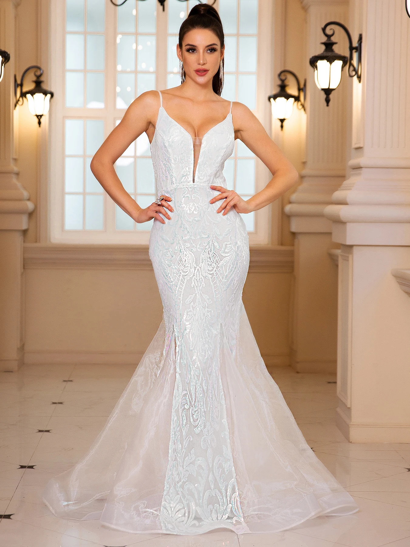 Sleeveless V-neck sequined mermaid white wedding party dress backless floor length evening dance dress 250103