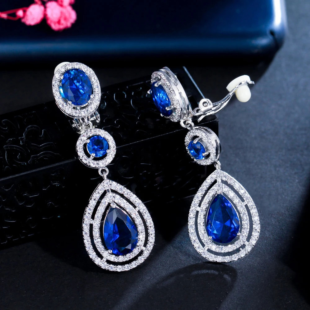 BeaQueen Dark Blue Cubic Zirconia Long Water Drop Statement Clip On Earrings without Piercing for Women Ear Clips Jewelry E286 250103