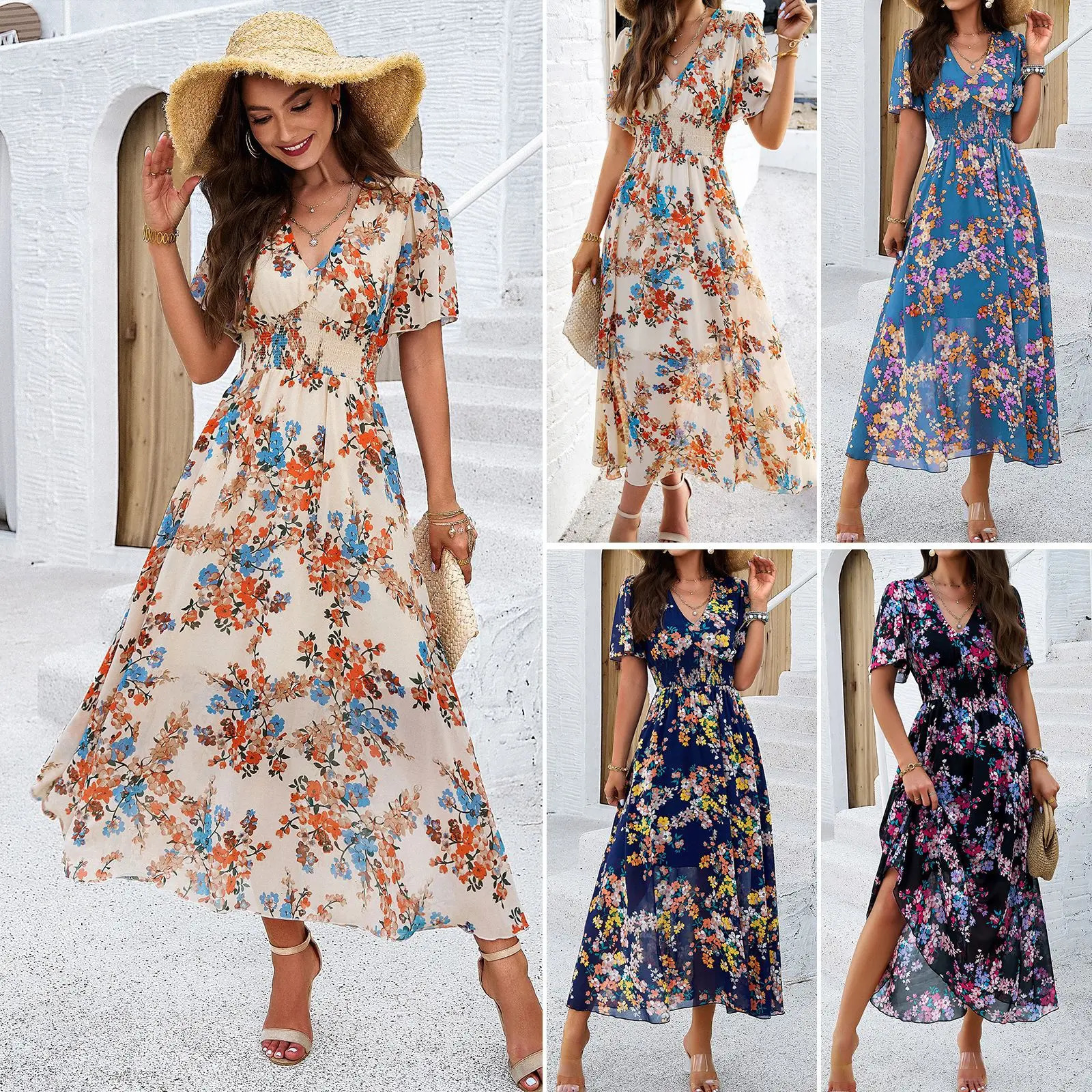 2025 Spring/Summer Womens Beach Dress Shirt with Flower Printed Waist Short Sleeve Ruffle Bottom Dress Womens Summer Long Dress 250103