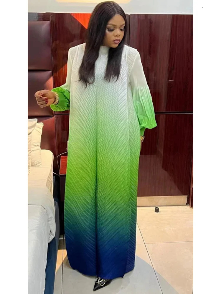 Miyake pleated Maxi long Miyake dress gradient color lantern sleeves half turtle neck womens formal dress item 250103