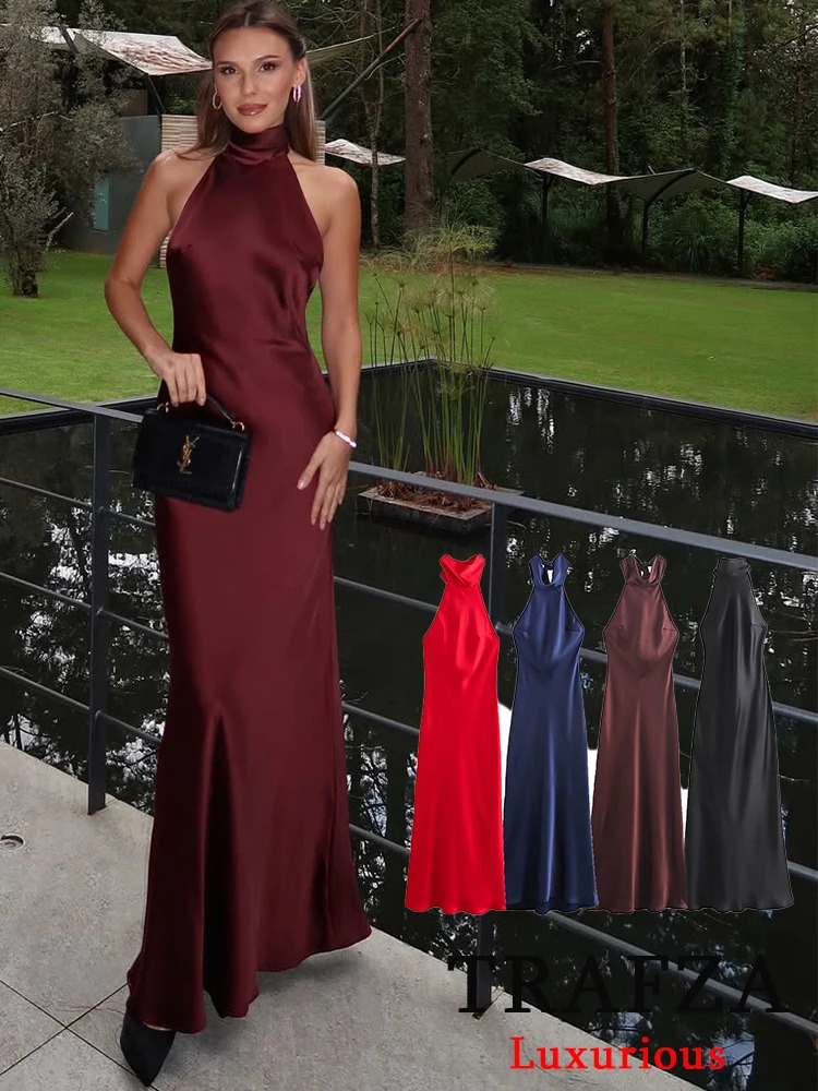 TRAFZA Vintage Casual Chic Solid Women Dress Halter Zipper Beach Long Fashion Autumn Winter Boho Party Female 250103