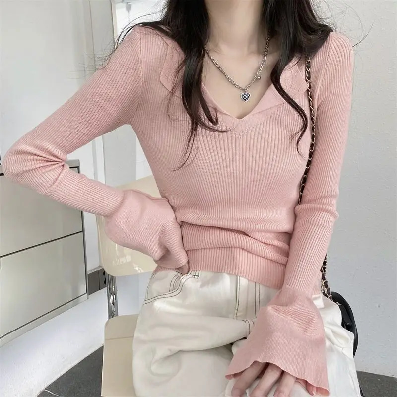 Clothing long sleeved polo neck womens knitted top plain weave cute T-shirt womens polyester summer sales V 250103