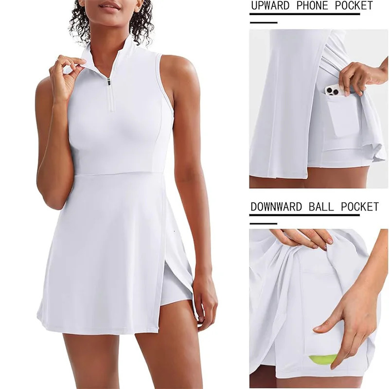 Summer Solstice Womens Tennis DressFashion 2-in-1 Tennis Golf Sports DressPolo Collar Womens Fitness Dress sleeveless 250106