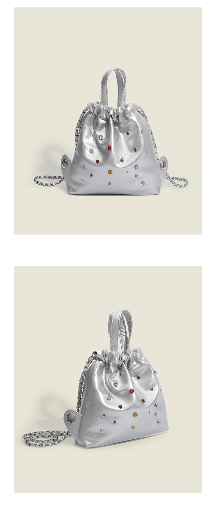 South Korea niche silver gemstone backpack versatile chain backpack large-capacity students school bags for women 250102