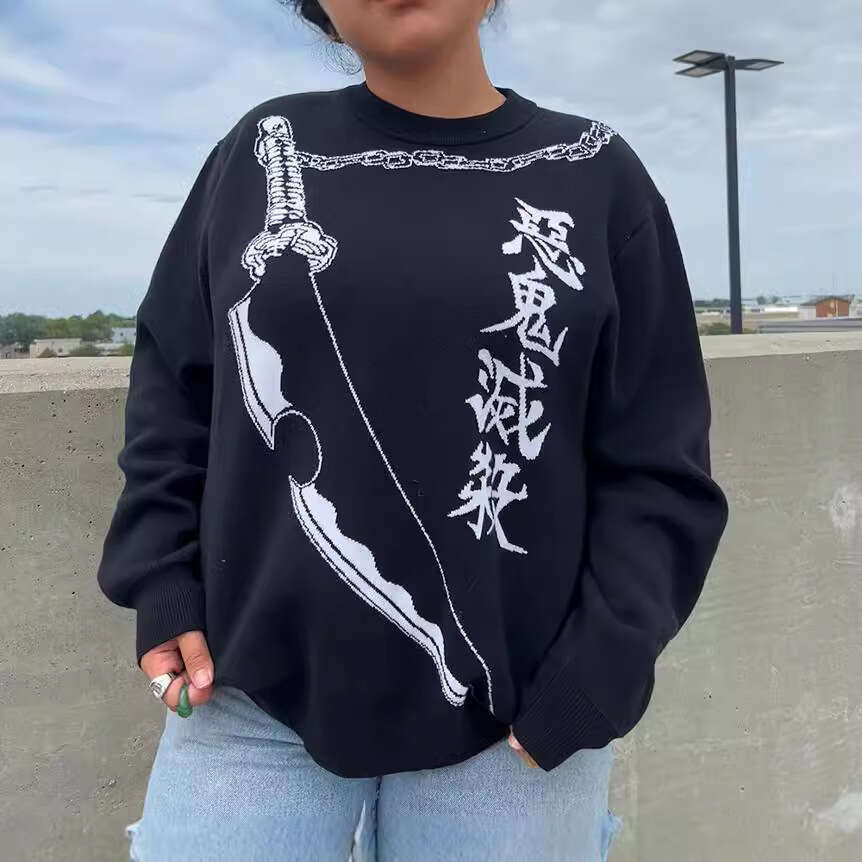 Knitwear Anime Jacquard Pattern Round Neck Long Sleeve High Street Loose Harajuku Sweater