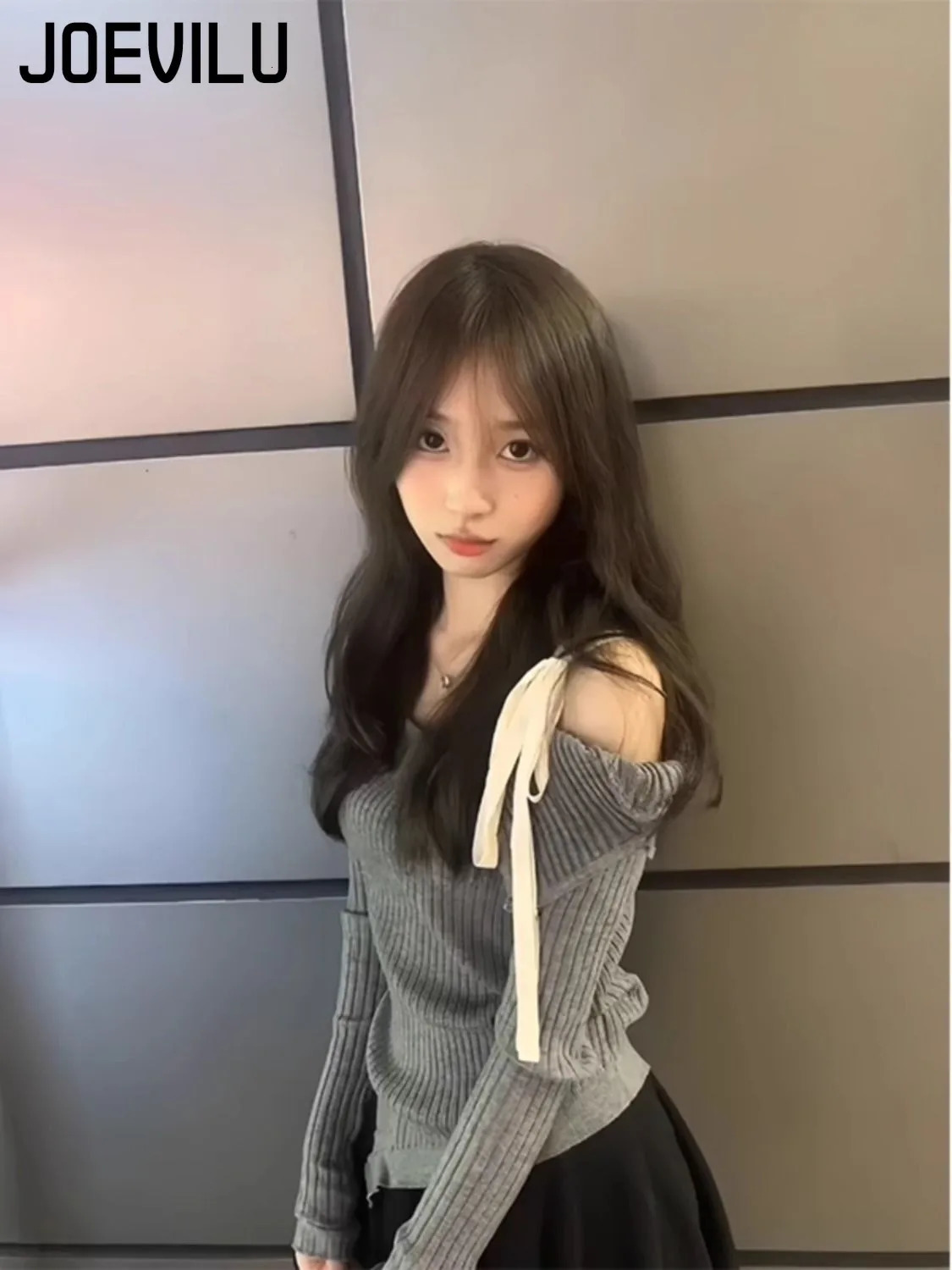 Off Shoulder Strap Pullover Sweater Long Sleeved Knitted Tops Female Slim Fit Lining Babes Korean Fashion Jumper Y2k Clothes 250103