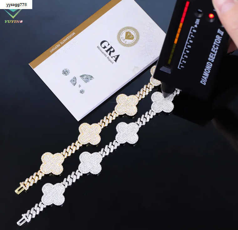 Lucky three Leaf Clover Jewelry 6mm Wide Gold Plated VVS Moissanite For Men Sier Cuban k Bracelet