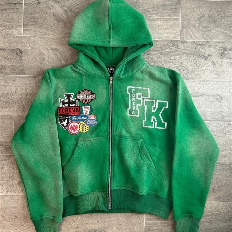 American High street vintage letter print hoodie men Y2K Goth Harajuku fashion street zipper hoodie couple loose sweatshirt 241230