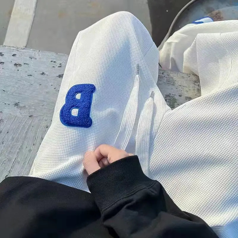 High street sports trend straight casual pants mens embroidery loose elastic waist sports drawstring pocket wide leg Trousers 250103