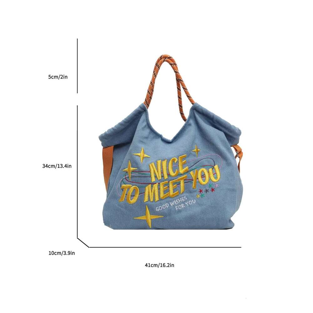 Large embroidered letter crossbody for women, casual denim cloth bag, large capacity canvas tote bag