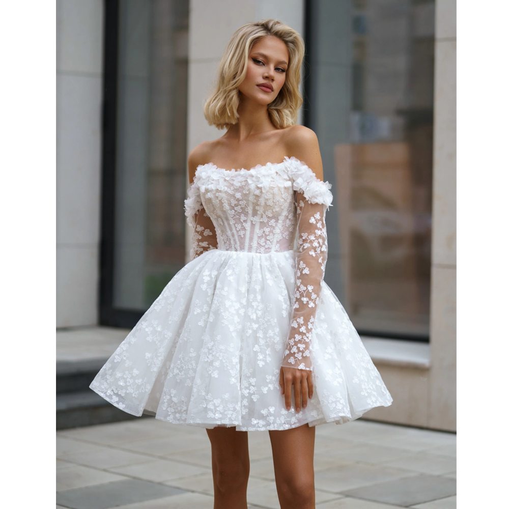 Lace Ivory Wedding Dresses Off-Shoulder Long Sleeves Short Bride Dresses A-Line Button Mini Dress For Women 2025 Robe De Mariee