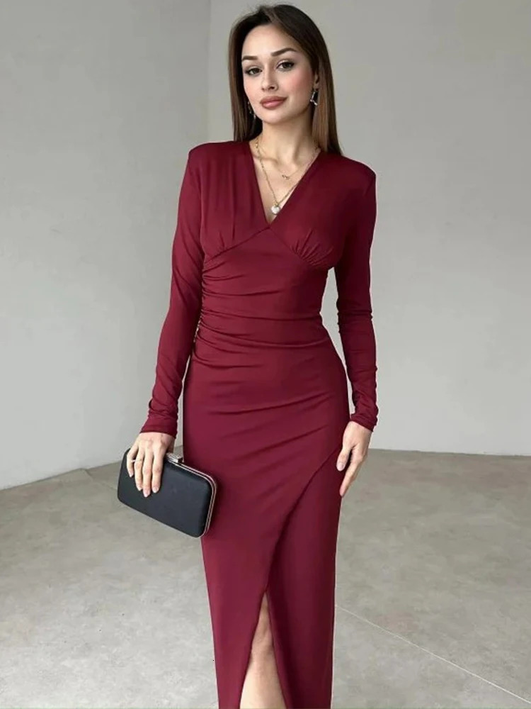 Trendix Burgundy Elegant Evening Dress Womens V-neck Ultra thin Patchwork Long Sleeve Long Dress Womens High Seam Tight Dress 2025 250103