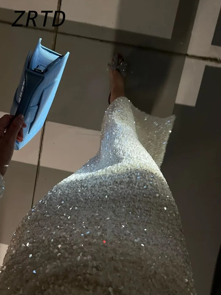 Elegant Sequined Long Party Dress Women Slim Oneck Detachable Full Sleeve Female Dresses Lady Solid Shining Evening Robe 250103