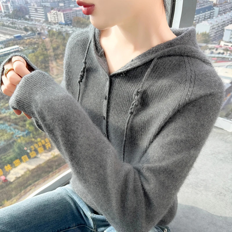 100%Wool High Quality Pure Spring Autumn Winter European Style Women Hooded Fashion Pullovers Knitted Cashmere Wool Sweater 250103