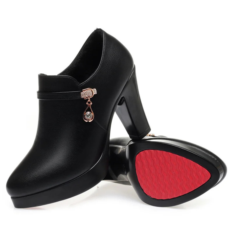 Comfortable Fashion Deep Mouth Soft Leather Womens Platform Shoes 2024 Fall Med Block Heels Single Shoes for Office Mom 250103