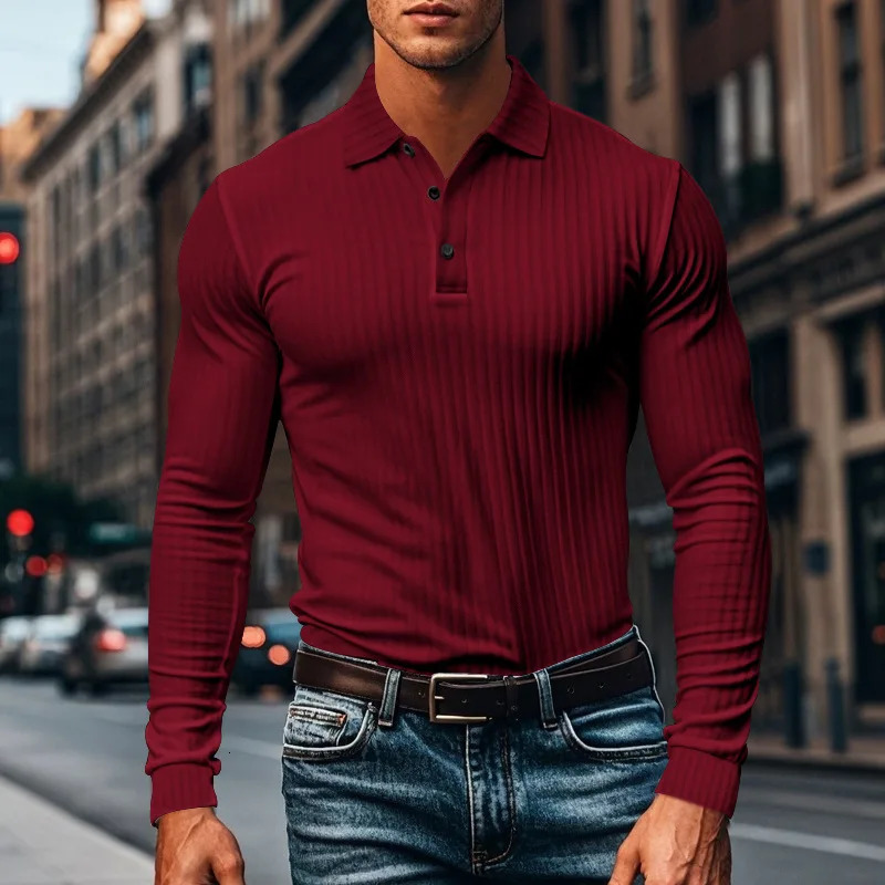 Mens polo shirt with long sleeves and buttons solid color trendy latte art knitted streetwear 250103