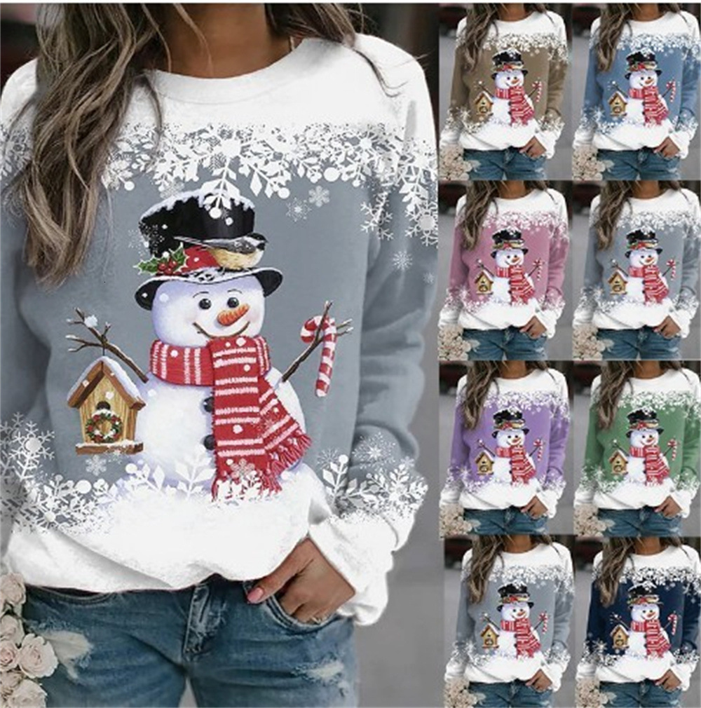 2025 New Women's Snowman Printed Long Sleeved Casual Loose T-shirt Single Top