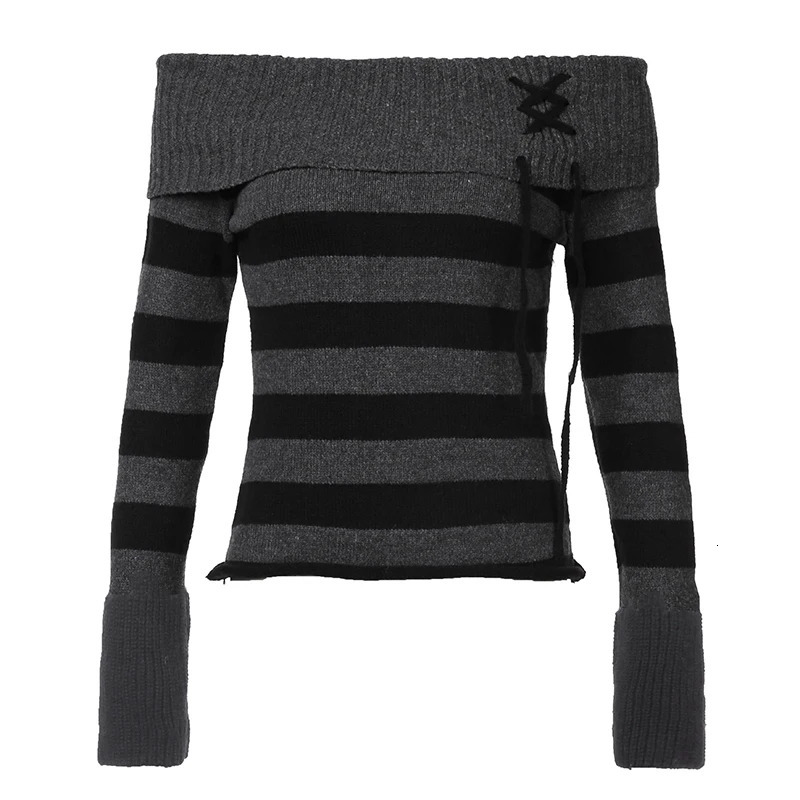 Darlingaga Korean Style Striped Sweater Off Shoulder Autumn Winter Female Jumper Contrast Color Knitwear Y2k 2000s Trend Outfits 250103