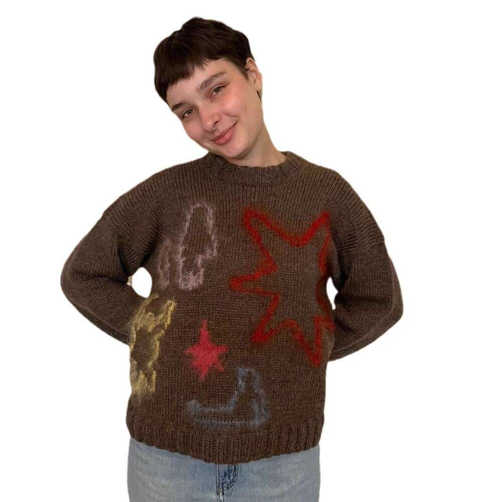 Knitted sweater with jacquard pattern, round neck, long sleeved, high street loose sweater, cute style