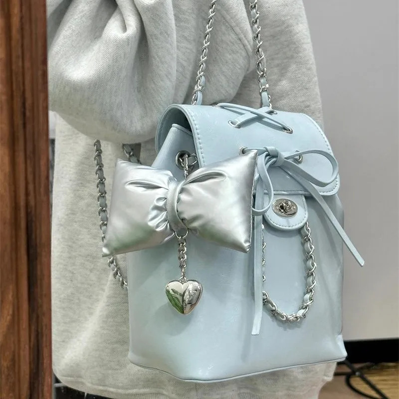 JIAERDI Harajuku Blue Bow Y2k Backpack Women Fairy Core Aesthetic Chains Chic Mini Backpacks Female Sweet Cute Mochila Ladies 250102