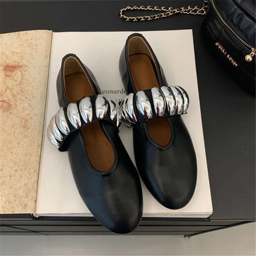 Metal Studded Women Ballet Flats Comfortable Dance Shoes Casual Walking Loafers Flat Espadrilles Ladies Black Mary Janes