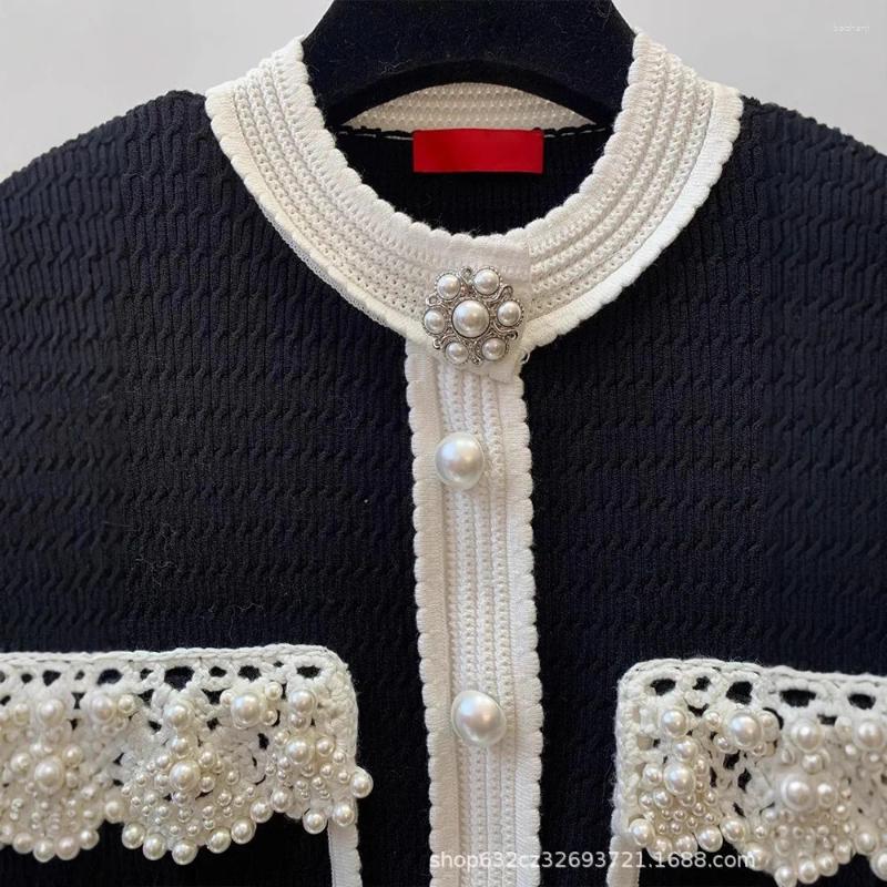Women's Knits Pearls Beaded Knitted Cardigan Spring Hooked Wers Crocheted Sweater Coat Jacket Knitwear Jumpers Contrast Color Tops