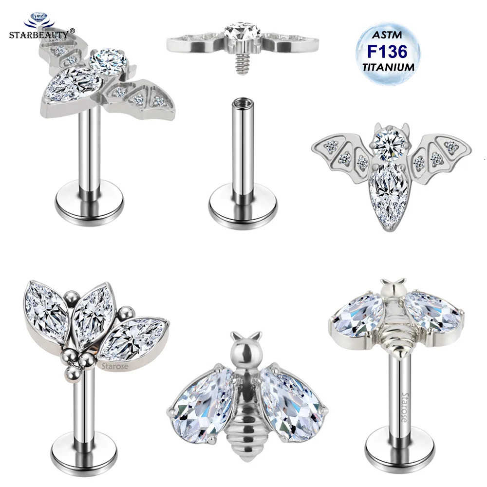 Implant Grade ASTM F-136 Cartilage Earrings Oval Crystal Bee Bat Tragus Helix Studs 16G Labret Bar Ear Piercing Jewelry 250103