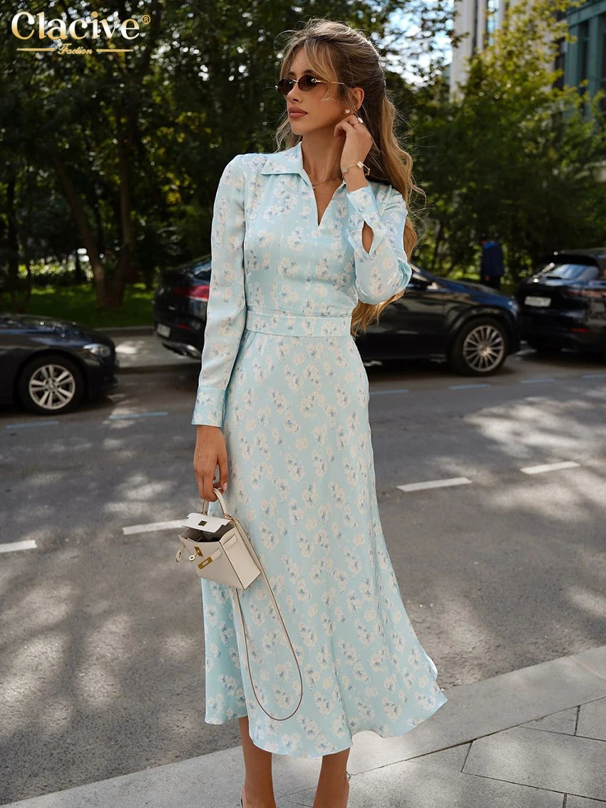 Clacive Fashion ultra-thin printed womens clothing 2025 casual lapel long sleeved midi dress elegant classic high waisted womens clothing 250103