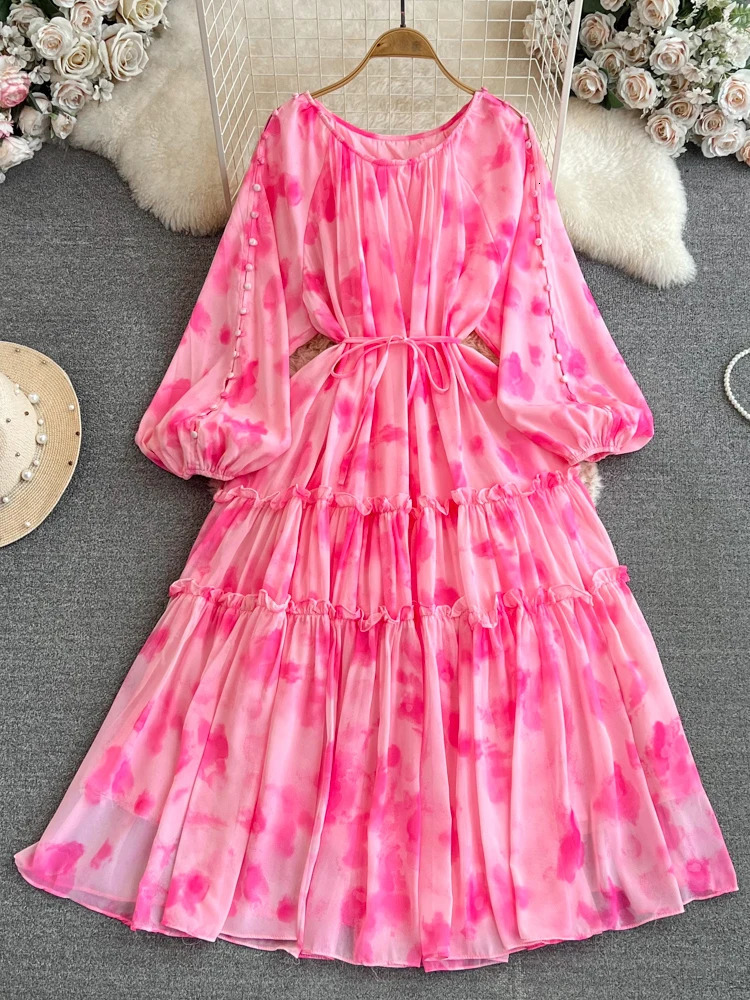 XFPV Women High Waist Mid Length Printing A-line Dresses Lantern Sleeve O-Neck Temperament Vestidos Spring Summer 2025 SM9853 250103
