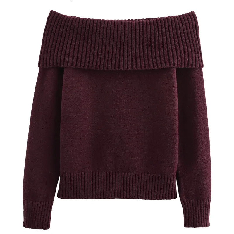 TRAF Womens Sweater OffShoulder Knitwear Pullover Burgundy Long Sleeve Top Jumper Oversized Sweaters Christmas Jersey 250103