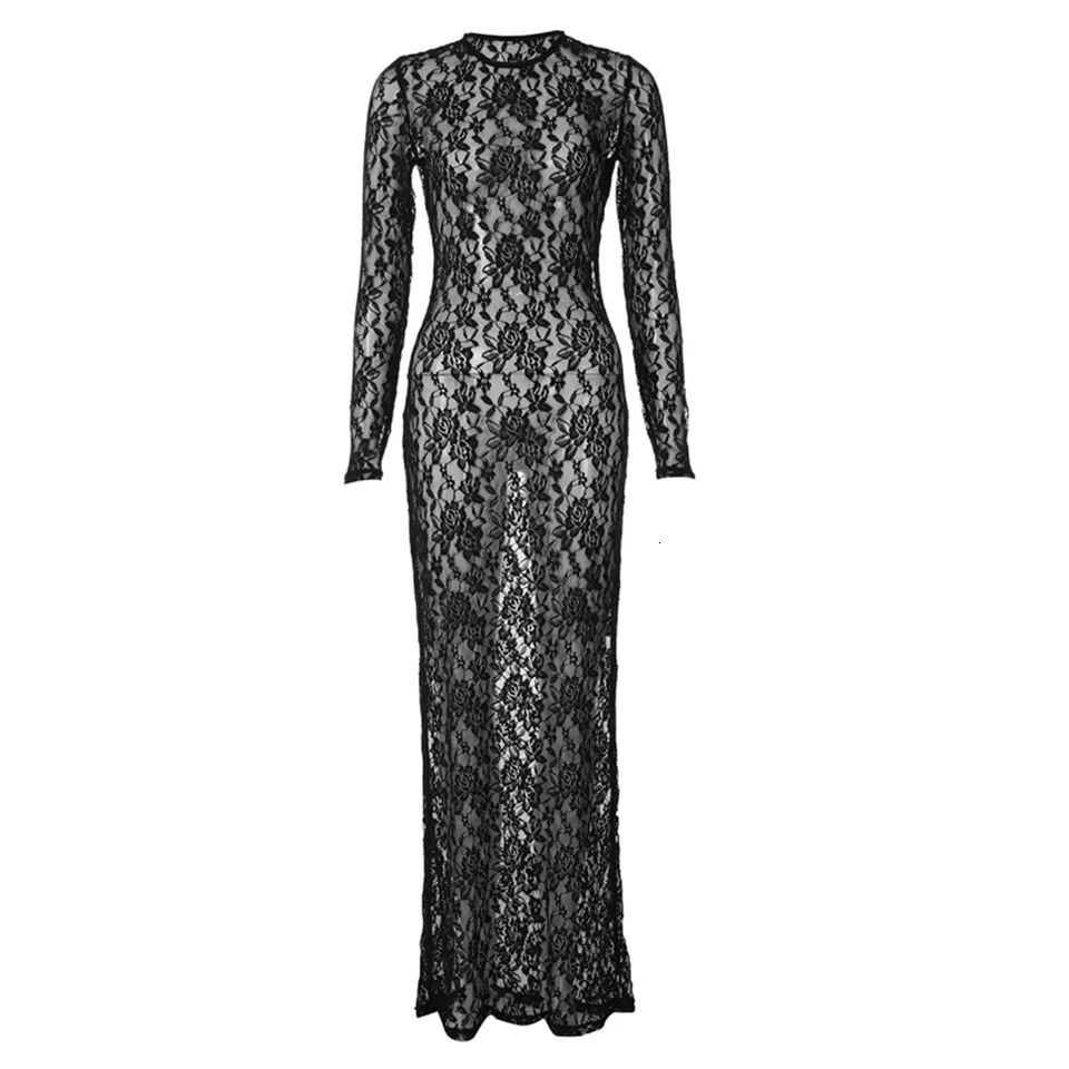 Women Print Lace Long Sleeve Comfortable Sexy Bodycon See Through Breathable Maxi Hollow Out Solid Color Dress Party Y2K Lady 250103