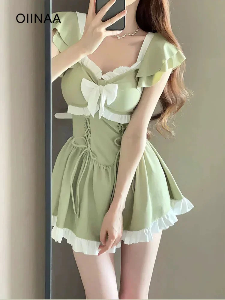OIINAA Bow Swimming Suit Women Swimwear Sweet Girl Spliced Ruffle Lace Up Chic Fashion One Piece Bodysuit Swimsuit Bathing Dress 250106