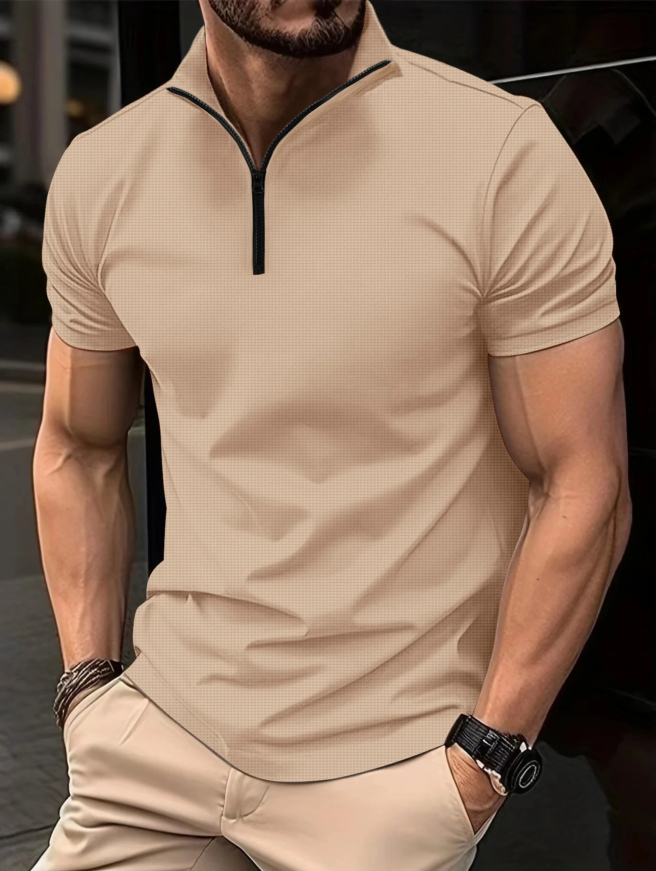 Summer Mens POLO Shirt Zipper Henley Collar Short-Sleeved T-Shirt Shirt Casual Sports solid Color Stand Collar Trend T-Shirt 241224