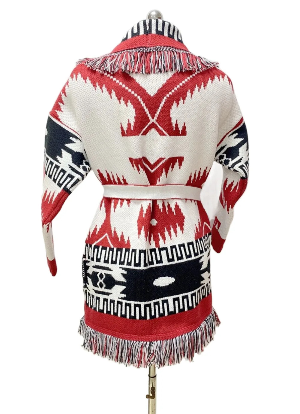 HIGH QUALITY Ethnic Boho Gypsy Bohemian Stylish Womens Cashmere Wool Jacquard Print Fringed Belted Wrap Cardigan In Red 250103