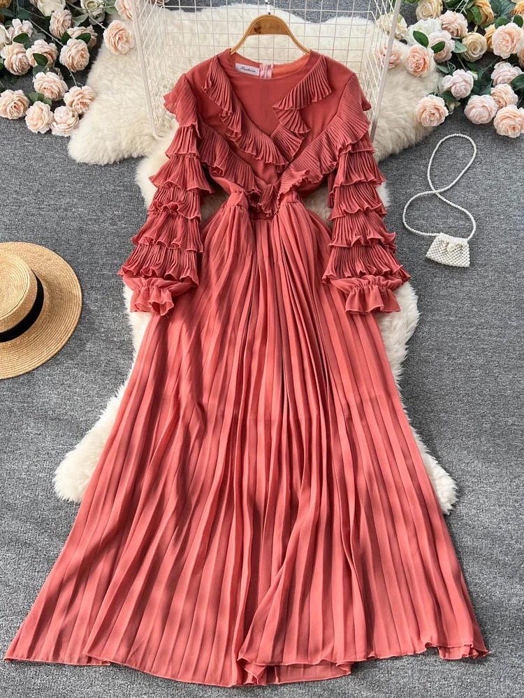 XFPV 2025 Spring Autumn Solid Slim Long Sleeve Pleated A Line V Neck Chiffon Mid-Calf Women High Waist Dress Vestidos SM5352 250103