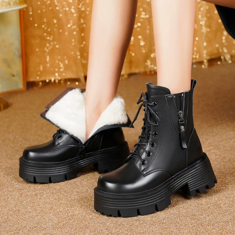 AIYUQI Ankle Boots Female Genuine Leather Natural Wool Warm Winter Boots Women Fashion High Heel Snow Boots Women