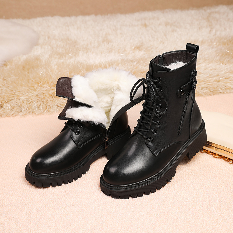 2025 New Winter Large Size Genuine Leather Snow Anti-Slip Fashion Natural Wool Women Combat Boots EU35-42