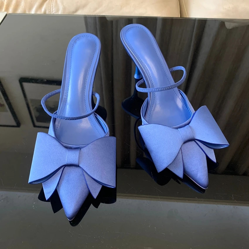 Fashion Bow knot High Heels Sandals Women 2024 Summer Slingback Pumps Vintage Satin Pointed Toe Heeled Elegant Party Lady Shoes 250103