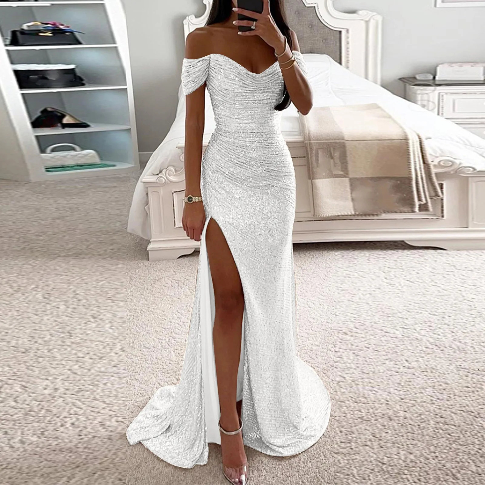 Chic and Elegant Women Evening Maxi Dresses 2024 OffShoulder Sequin Mermaid Prom Formal Gowns For Party Split Night Dress 250103