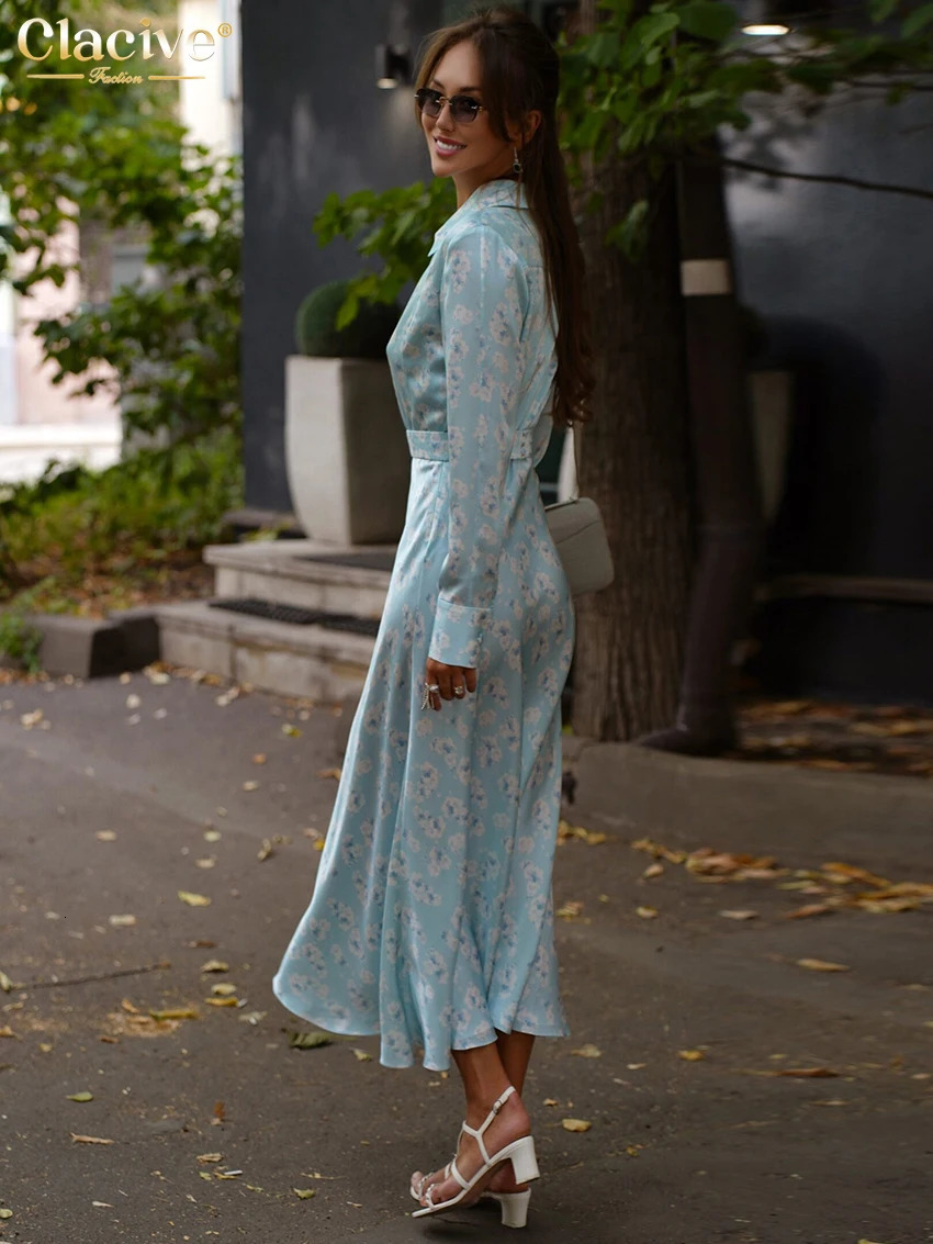 Clacive Fashion ultra-thin printed womens clothing 2025 casual lapel long sleeved midi dress elegant classic high waisted womens clothing 250103