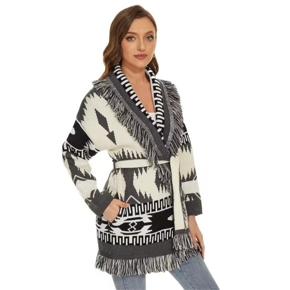 Fashion Bohemian Winter Womens Jacquard Pattern Cashreme Wool Cardigan Tassel Oversize Sweater Female Coat 250103