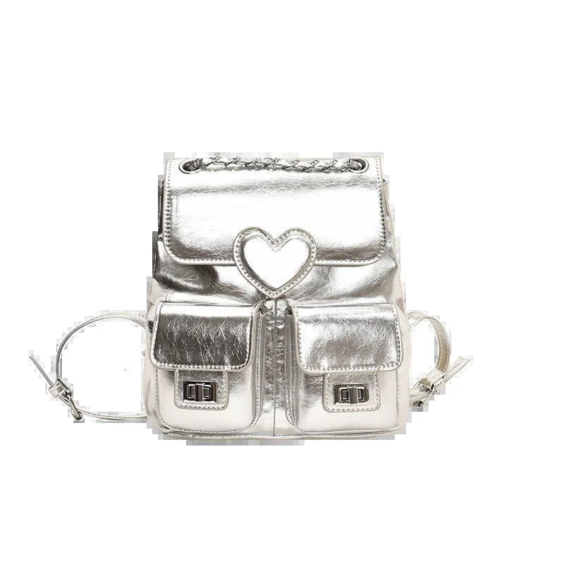 Stylish Bright Silver PU Backpack Solid Heart High Quality Versatile Two-purpose Shoulder Bags for Women Fashion Chains Bag 250102