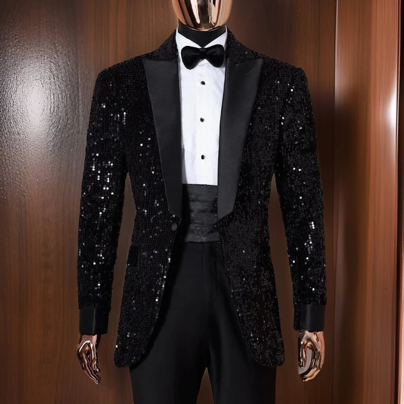 Shining Sequins Men Suits Tuxedo Slim Fit Notched Lapel One Button Blazer with Pants 2 Pcs Tailored Groom Wedding Party Jacket 250103