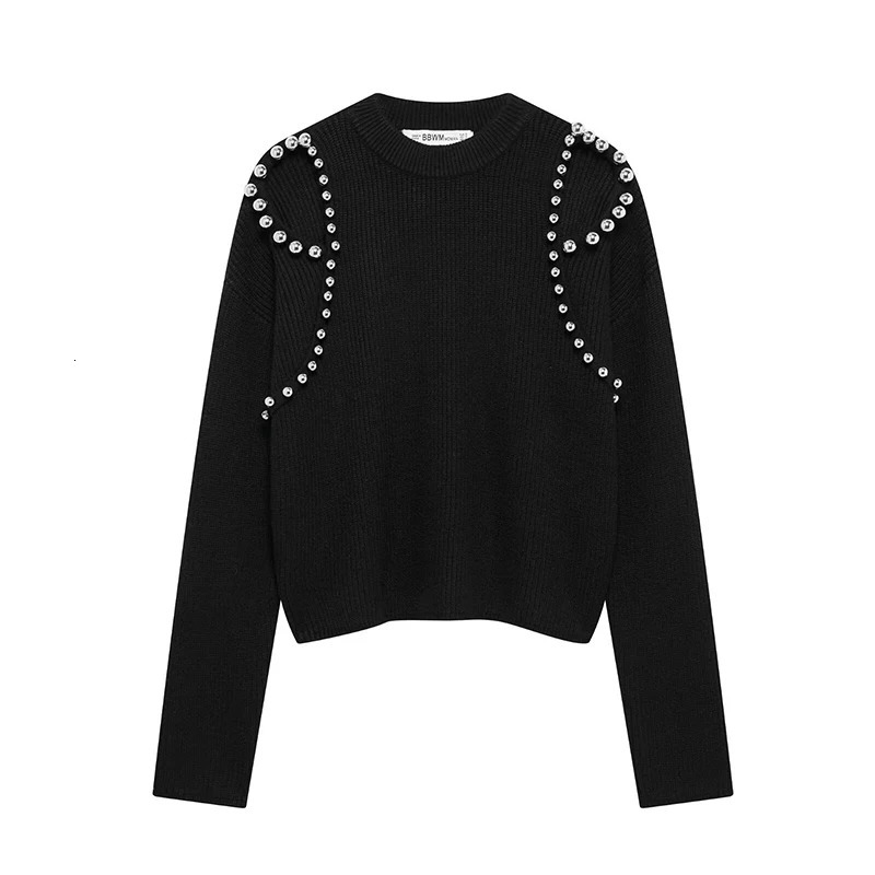 TRAF Womens Ball Decoration Knit Sweater Fashion Shoulder Opening Design Sweaters Vintage Female Pullover Chic Tops 250103