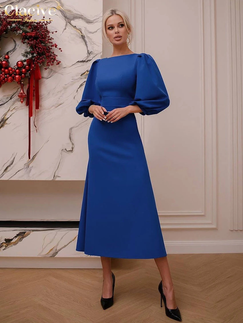 Clacive Fashion Slim Blue Office Womens Wear 2025 Elegant O-Neck Long Sleeve Midi Dress Casual Classic High Waist Womens Wear 250103