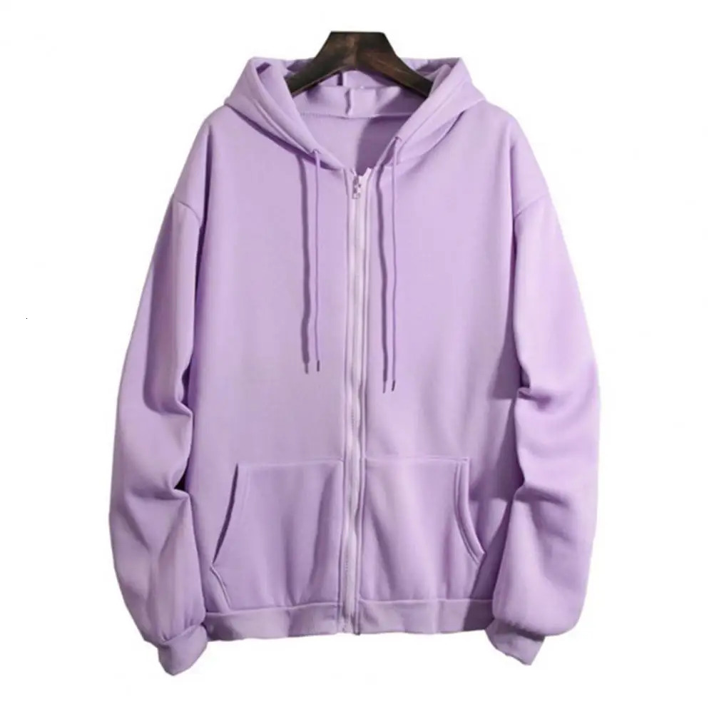 Women Sweatshirt Solid Color Japanese Style Hooded Sweatshirt Drawstring Pockets Zipper Closure Fleece Lining Sports Sweatshirt 250106