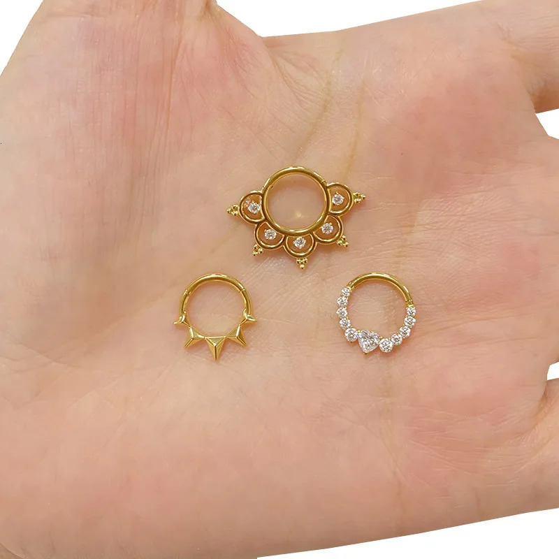 ASTM F136 EAR PIERC Fan-shaped and side CZ Ring Hoop Nose Rings Hinged Clicker Earring Labret Tragus Ring Body Piercing 250103