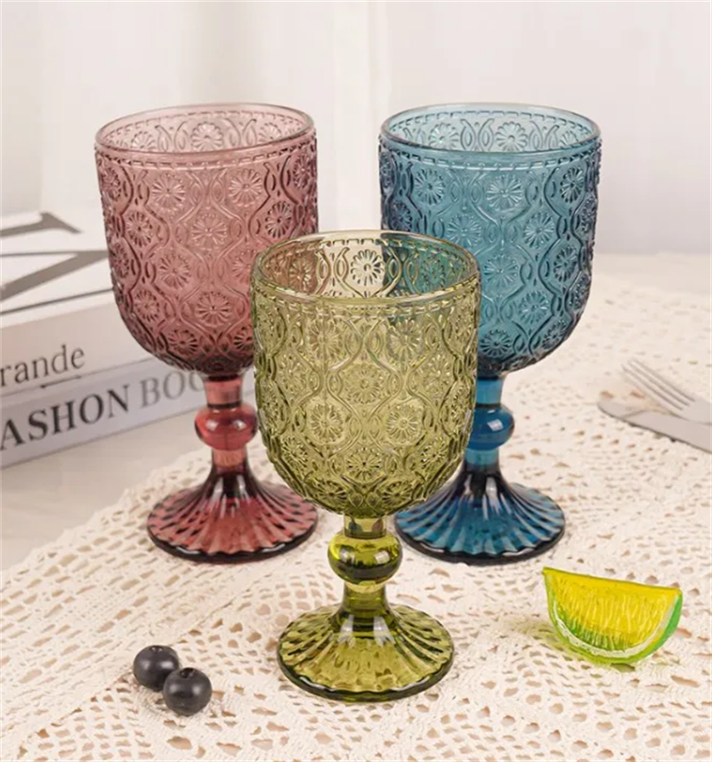 Factory Wholesale Embossed Colored Glass Wine glasses European Juice Glasses Wine Goblets Wedding Decoration Cups 240ml